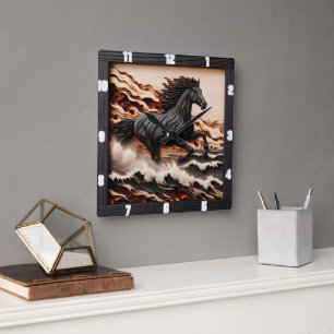Title: Majestic Gallop: Carved Wood Style Horse  Square Wall Clock