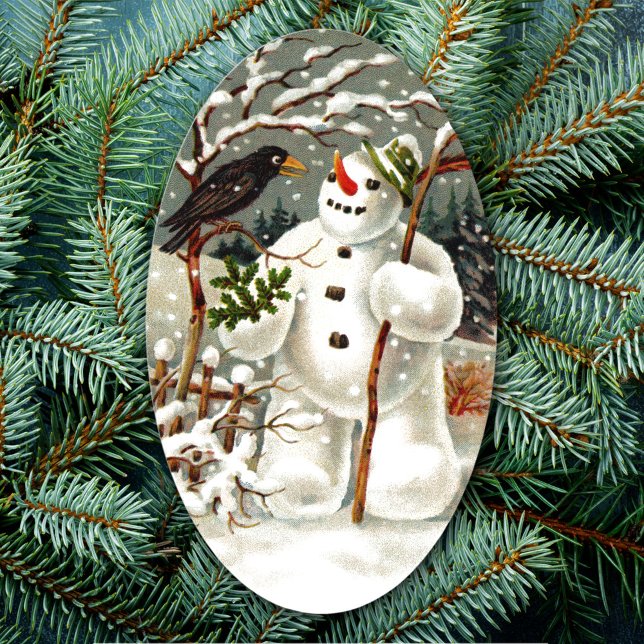 title:	Mr. Snowman and Mr. Crow Oval Sticker (Creator Uploaded)