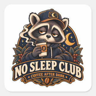 Title: No Sleep Club Coffee After Dark Racoon Square Sticker