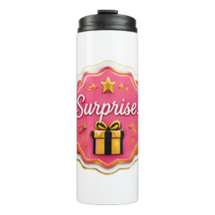 Title: Pink "Surprise!" Gift Box Sticker – Festive Thermal Tumbler