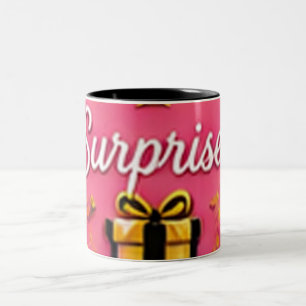 Title: Pink "Surprise!" Gift Box Sticker – Festive Two-Tone Coffee Mug