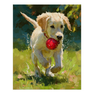 Title: Playful Golden Retriever Red Ball  Poster