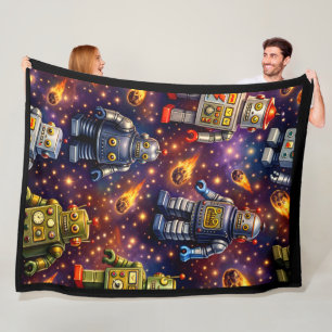 Title retro space robots and flaming comments prem fleece blanket