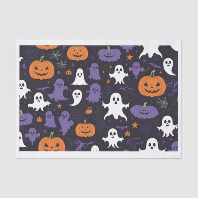 Title: Spooky Ghosts, Pumpkins, & Skulls Halloween Tissue Paper (Front)