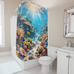 Title tropical coral reef under sea shower curtain