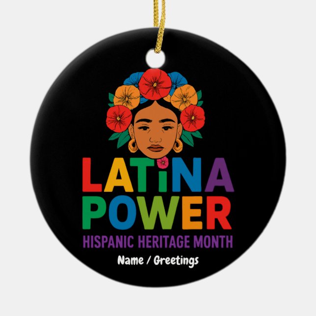 Title: Women Latina Power Flowers Hispanic Month Ceramic Tree Decoration (Front)