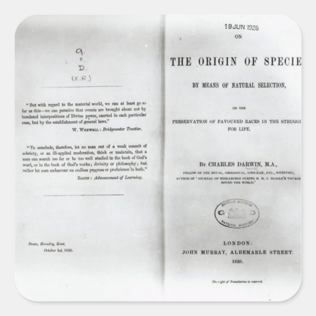 Titlepage to 'On the Origin of Species' Square Sticker (Front)