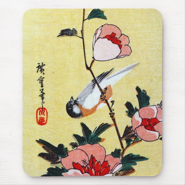 Titmouse and Peonies, Hiroshige Mouse Mat (Front)