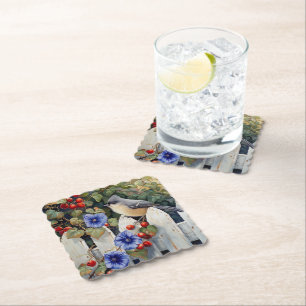 Titmouse on a White Picket Fence Morning Glories Paper Coaster