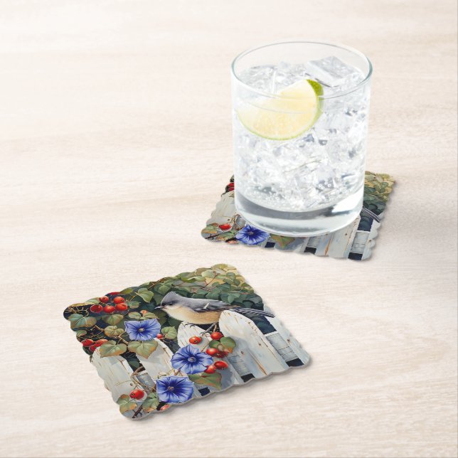  Titmouse on a White Picket Fence Morning Glories  Paper Coaster (Insitu)