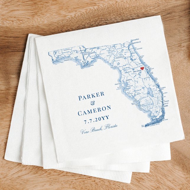 Titusville Florida Map Elegant Wedding  Napkin (Elegant Titusville Florida wedding napkins in navy blue from Coastal Map Designs)