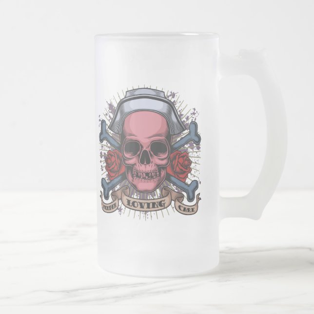 TLC Nurse Skull Frosted Glass Beer Mug (Right)