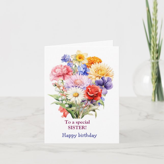 To a Special Sister Pink Yellow Roses Birthday Holiday Card (Front)