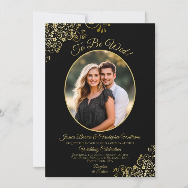 To Be Wed Black & Gold QR Code & Photo Wedding Invitation (Front)