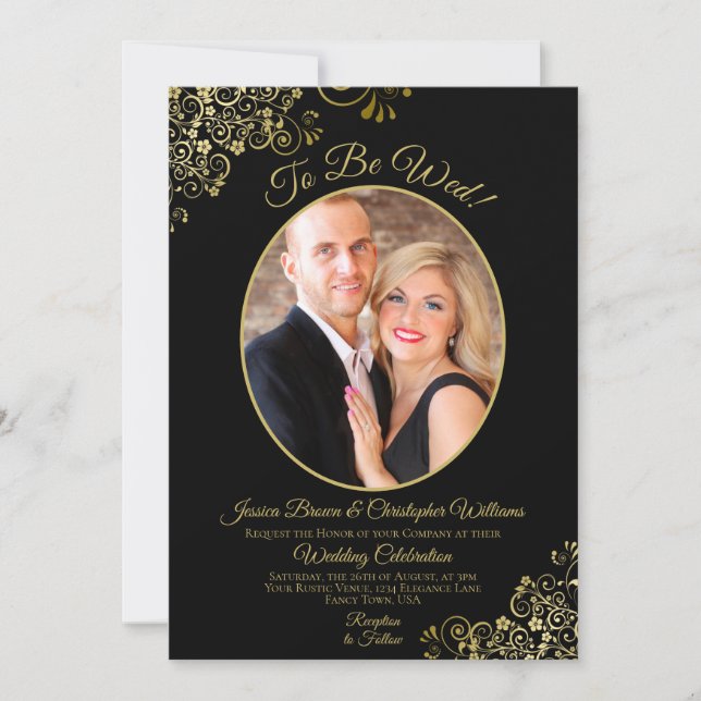 To Be Wed Black & Gold QR Code & Photo Wedding Invitation (Front)