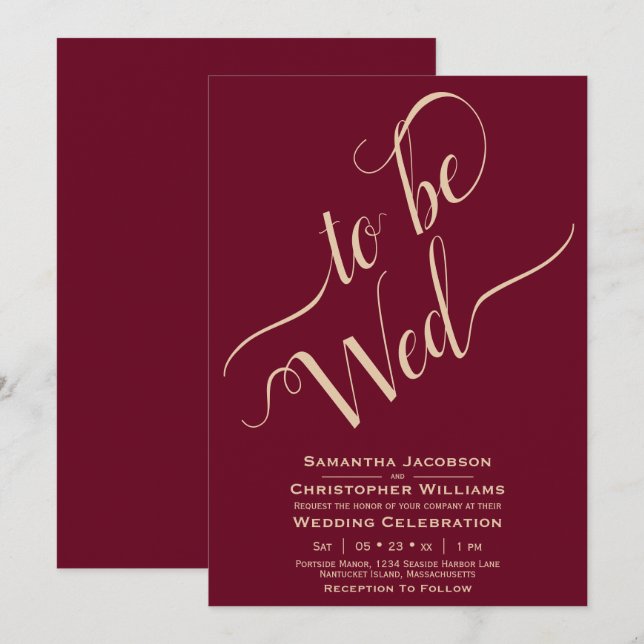 To Be Wed Elegant Calligraphy Burgundy Wedding Invitation (Front/Back)