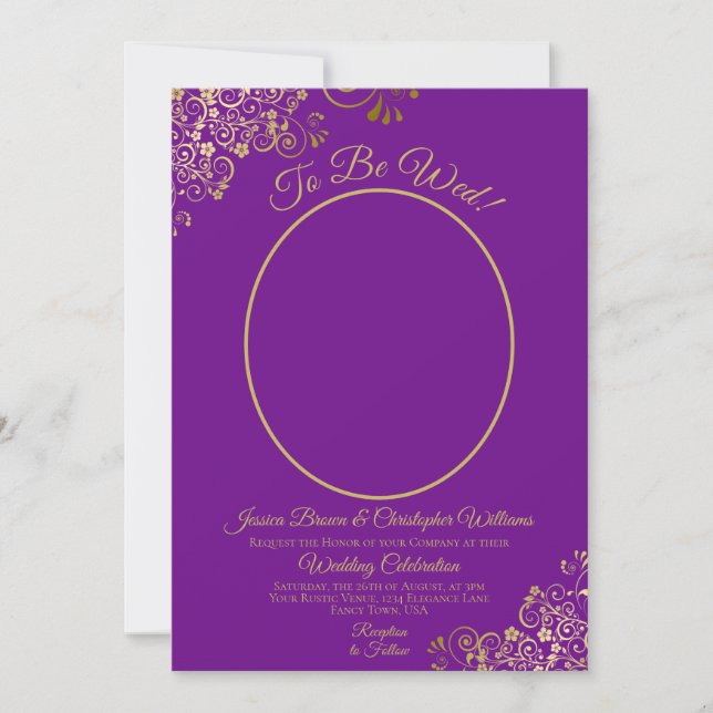 To Be Wed Purple & Gold QR Code & Photo Wedding Invitation (Front)