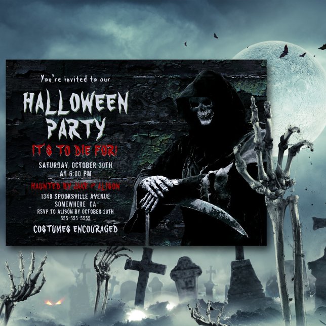 To Die For Spooky Grim Reaper Halloween Party Invitation (Creator Uploaded)