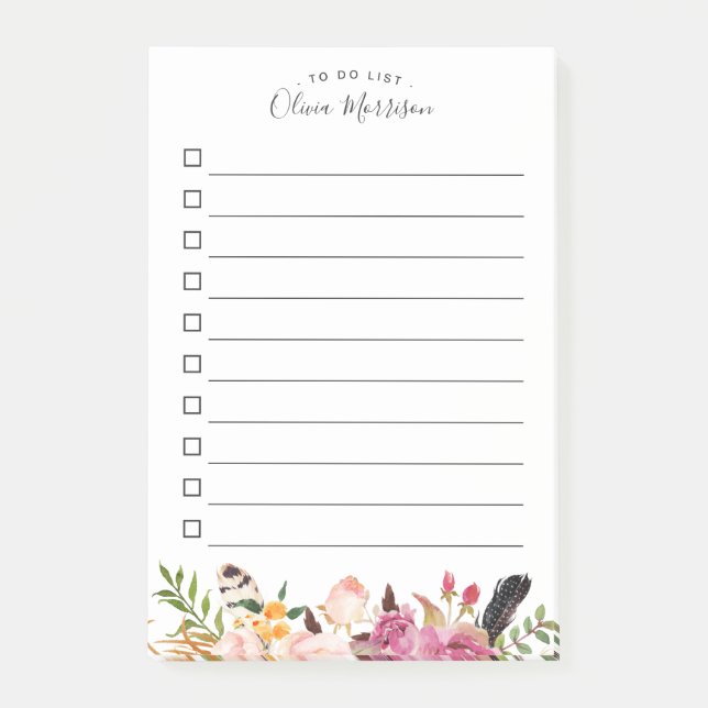 To Do List - Bohemian Boho Floral Feather Post-it Notes (Front)