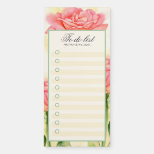 To Do List Name Pink Rose Floral Watercolor Stripe Magnetic Notepad