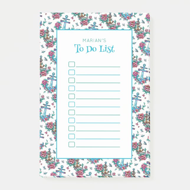 "To Do List" Personalised Nautical Floral Pattern Post-it Notes (Front)