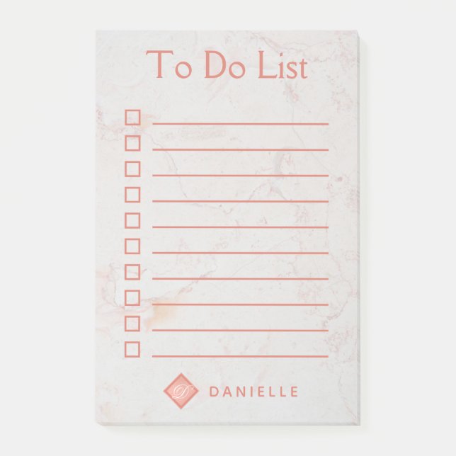To Do List Rose Gold Marble Girly Pink Monogram Post-it Notes (Front)