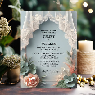 To Eucalyptus Lace Tulle Pastel Dusty Blue Wedding Invitation
