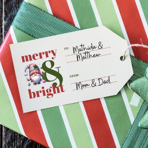To & From Merry & Bright Gnome Red Green Christmas Gift Tags