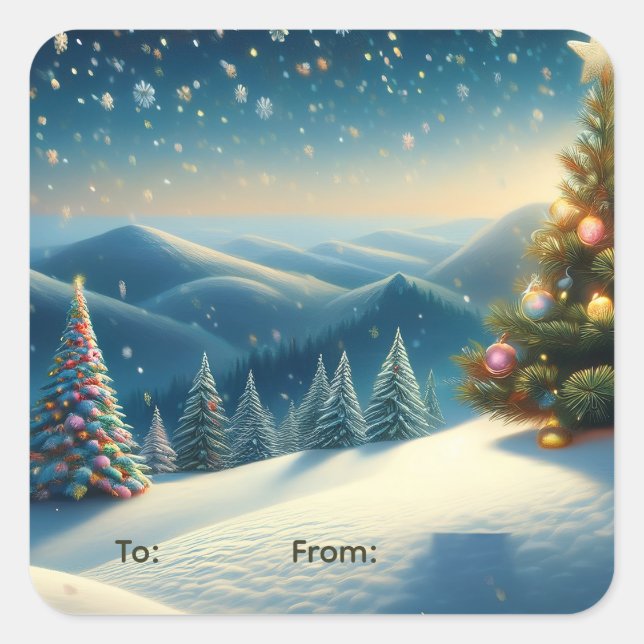 To From with Decorated Christmas Tree Square Sticker (Front)