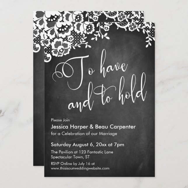 To Have and to Hold Calligraphy Chalkboard & Lace Invitation (Front/Back)