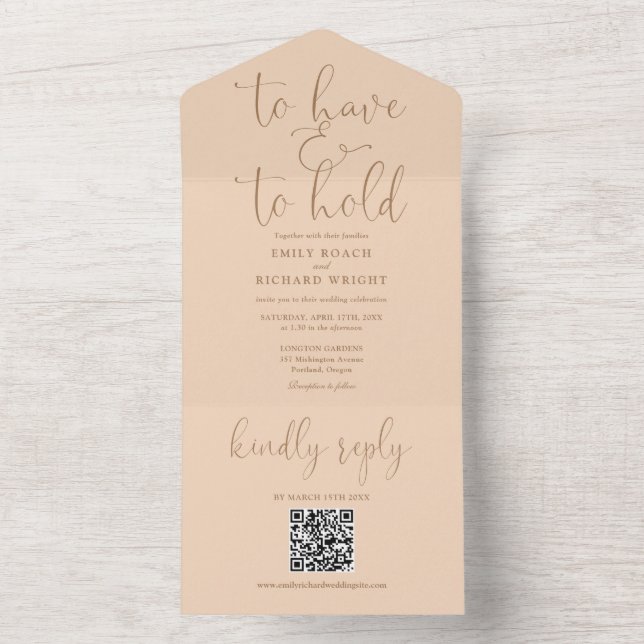To Have And To Hold QR Code Soft Peach Wedding All In One Invitation (Inside)