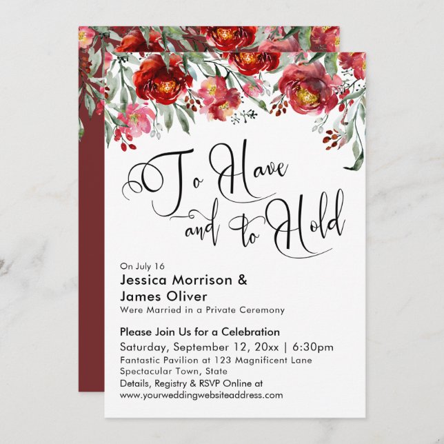 To Have and to Hold Typography Burgundy Red Floral Invitation (Front/Back)