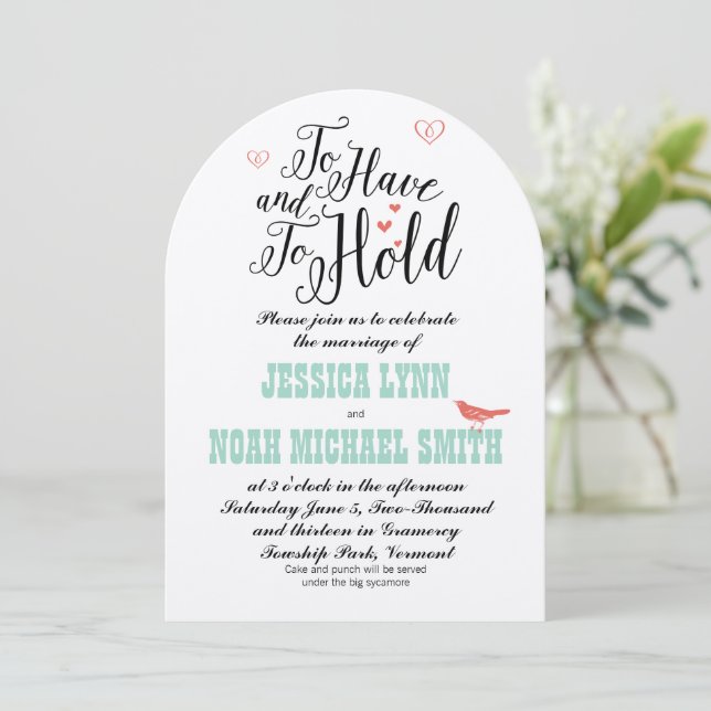 To Have and To Hold Typography Mint Coral Invite (Standing Front)