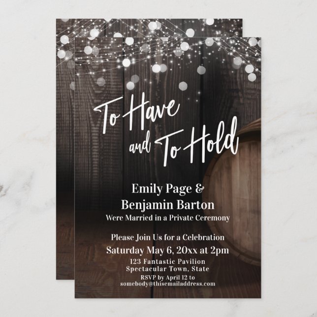 To Have and To Hold Wood Wine Barrel and Lights Invitation (Front/Back)