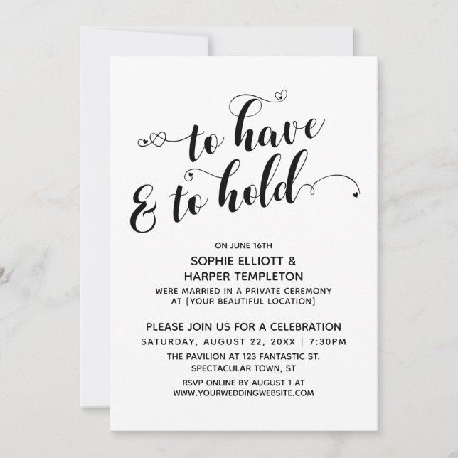 To Have & To Hold Hearts Calligraphy Reception Invitation (Front)
