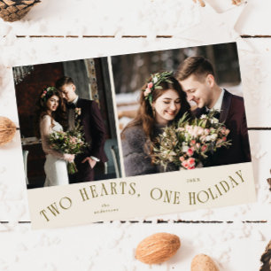 To Hearts One Holiday Newlywed Photo Cream Card