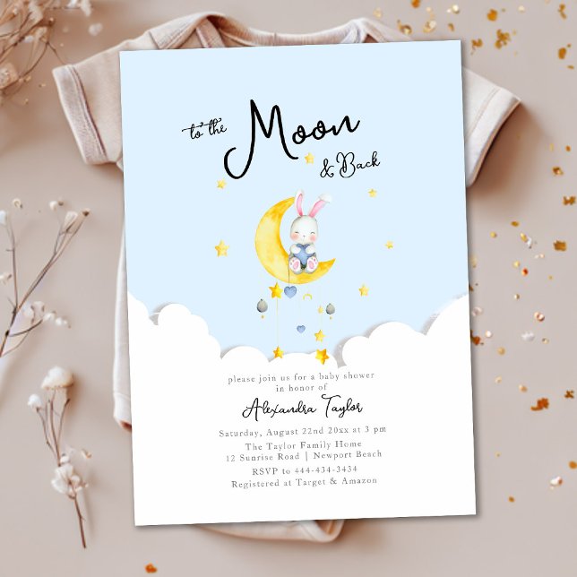 To Moon Back Rabbit Blue Heart Boy Baby Shower Invitation (Creator Uploaded)