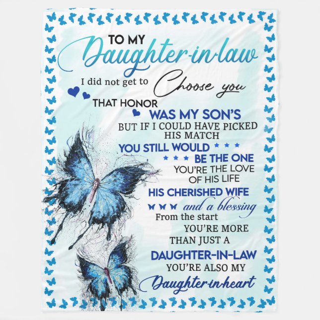 To My Daughter-In-Law Blanket, Blue Butterfly  Fleece Blanket (Front)