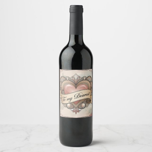 To My Dearest: Ornate Heart Design Wine Label (Front)