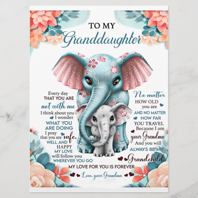 To My Granddaughter Elephant Birthday Gift Idea Menu (Front)