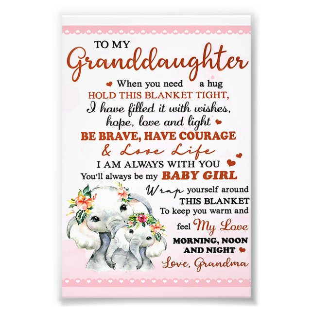 To My Granddaughter Elephant Birthday Gift Idea Photo Print (Front)