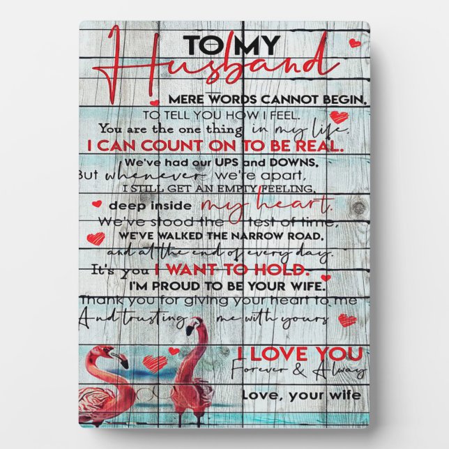 To My Husband Letter | Cute Flamingo Present Plaque (Front)