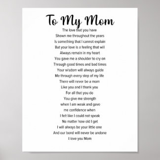 To My Mum, Mother's Day Poem Poster