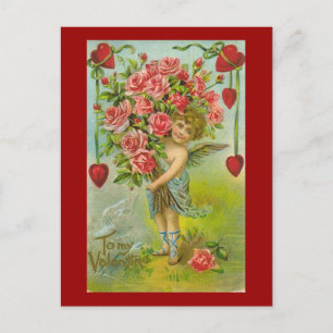 To My Valentine Cherub with Hearts and Flowers Holiday Postcard