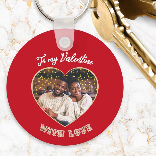 To My Valentine Personalized Picture & Message Key Ring (A keyring for Valentine's Day, in red with custom photo, and personalized message on the back)