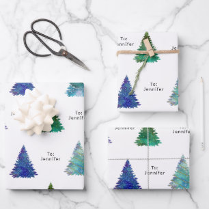 To: Name Print Colourful Christmas Trees Wrapping Paper Sheet