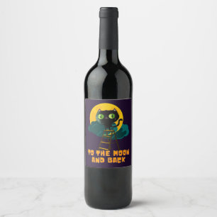 To the Moon and Back Cute Black Halloween Cat Wine Label