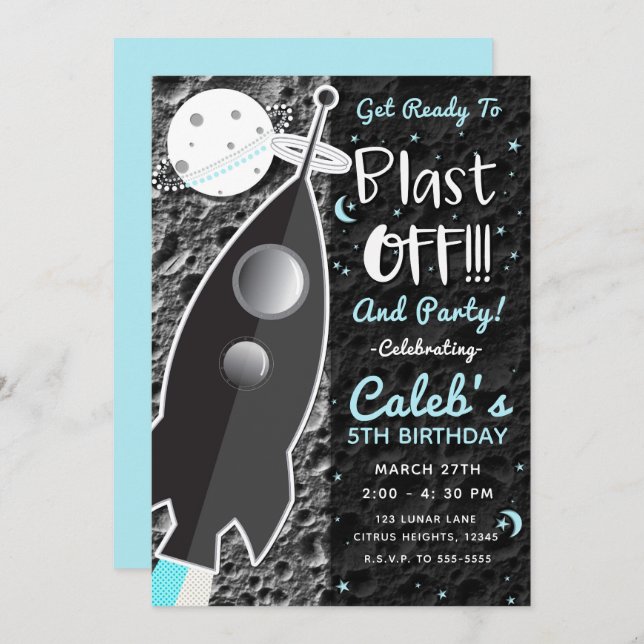 TO THE MOON Rocket Ship Space Birthday Party Invitation (Front/Back)