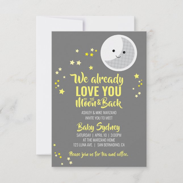 to the moon SIP & SEE baby shower GRAY YELLOW Invitation (Front)