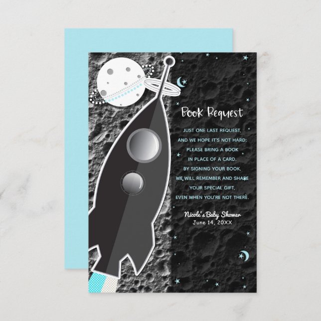 TO THE MOON Space Rocket Ship Book Request Invitation (Front/Back)